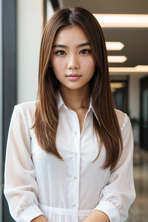 Une belle jeune fille , cheveux brunâtres , 2 , bien détaillé , visage symétrique,tache de rousseur sur le visage ,mince, attractif,plus dynamique , visage de modèle , yeux plus clairs, asiatique, tenue d&#39;affaires