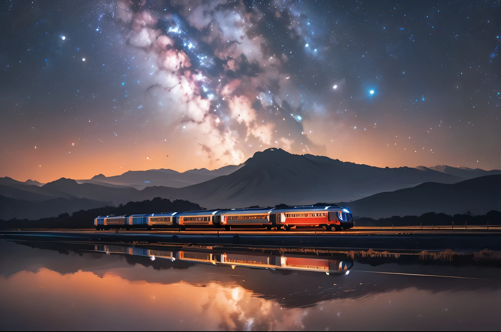 /我晚上, 火车在广阔的盐湖上行驶, 反映火车, 银河和星空. 正面和侧面视图, 高清, 摄影风格, 广角镜头角度, 对称构图, 自然光, 壮观的景色
