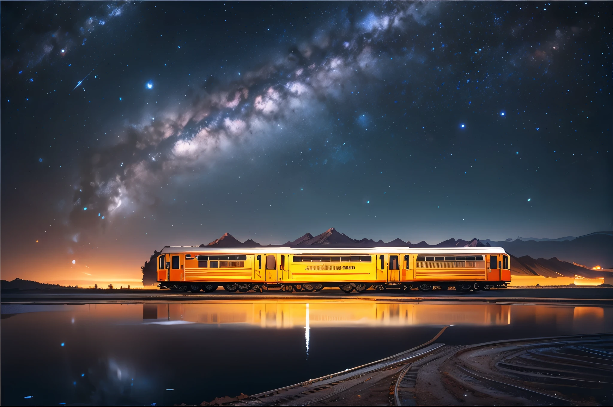 /我晚上, 火车在广阔的盐湖上行驶, 反映火车, 银河和星空. 正面和侧面视图, 高清, 摄影风格, 广角镜头角度, 对称构图, 自然光, 壮观的景色
