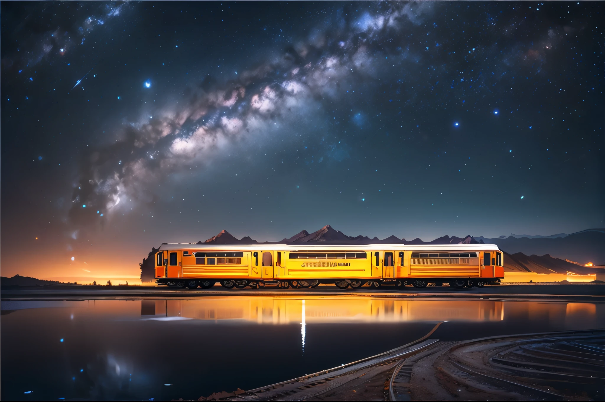 /Je la nuit, le train circule sur le vaste lac salé, reflétant le train, la Voie Lactée et le ciel étoilé. vue de face et de côté, HD, Style de photographie, objectif grand angle, composition symétrique, Lumière naturelle, des paysages spectaculaires
