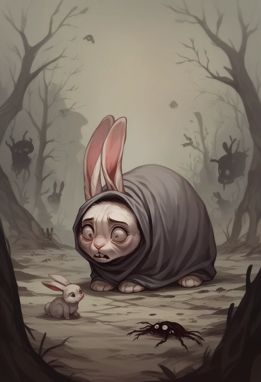 Watership down, fiver, rabbit, afraid, nightmare, fear, anxiety, horror darkness, hare, in the style of macabre, feral