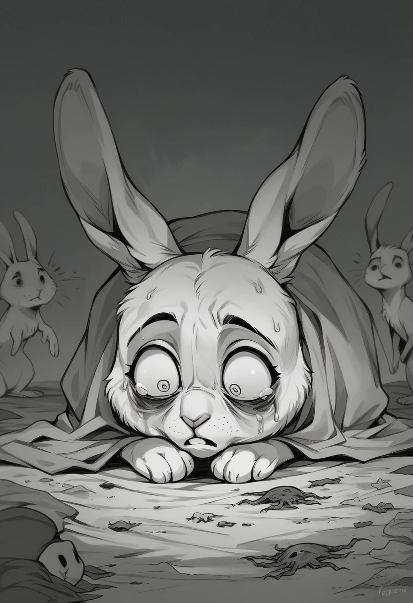 Watership down, fiver, rabbit, afraid, nightmare, fear, anxiety, horror darkness, hare, in the style of macabre, feral