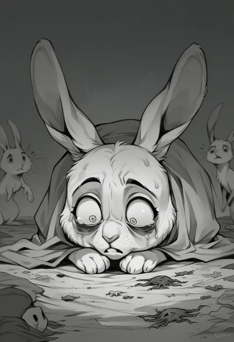 watership down, fiver, rabbit, afraid, nightmare, fear, anxiety, horror darkness, hare, in the style of macabre, feral