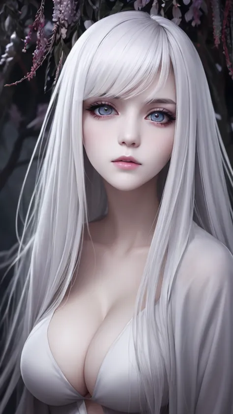 beautiful woman, ghost, melancholy expression, wearing a white short ghotic clothing, pale white skin, night and fog, ghotic wom...