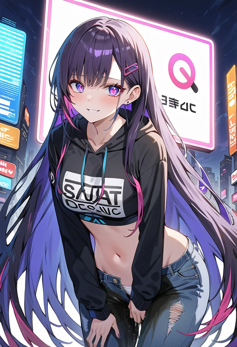 (masterpiece:1.37), best quality, (extremely detailed:1.37), woman, (very long hair:1.5), dark purple hair, purple eyes, (extremely detailed eyes:1.37), hoodie, navel, jeans, open fly, desperation, (wetting: self 3.0), standing, city, futuristic, neon lighting, high-tech