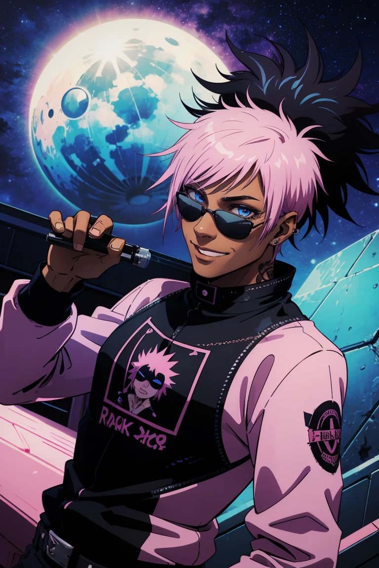 Black young man, punk clothes, cool sun glasses, punk hair, black hair, pink hair, piercings, tattoo, smile, Night, dark place, black man, dark blue eyes, rockstar