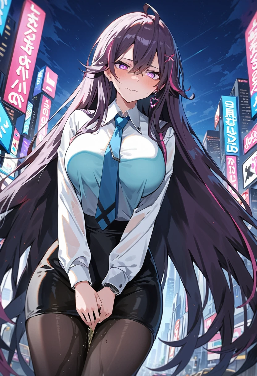 (masterpiece:1.37), best quality, (extremely detailed:1.37), woman, adult, mature, large breasts, (very long hair:1.5), dark purple hair, purple eyes, (extremely detailed eyes:1.37), business suit, necktie, long pencil skirt, pantyhose, (desperation:2.0), (wetting: self 3.0), standing, embarrassed, humiliation, blushing, angry, city, futuristic, neon lighting, high-tech