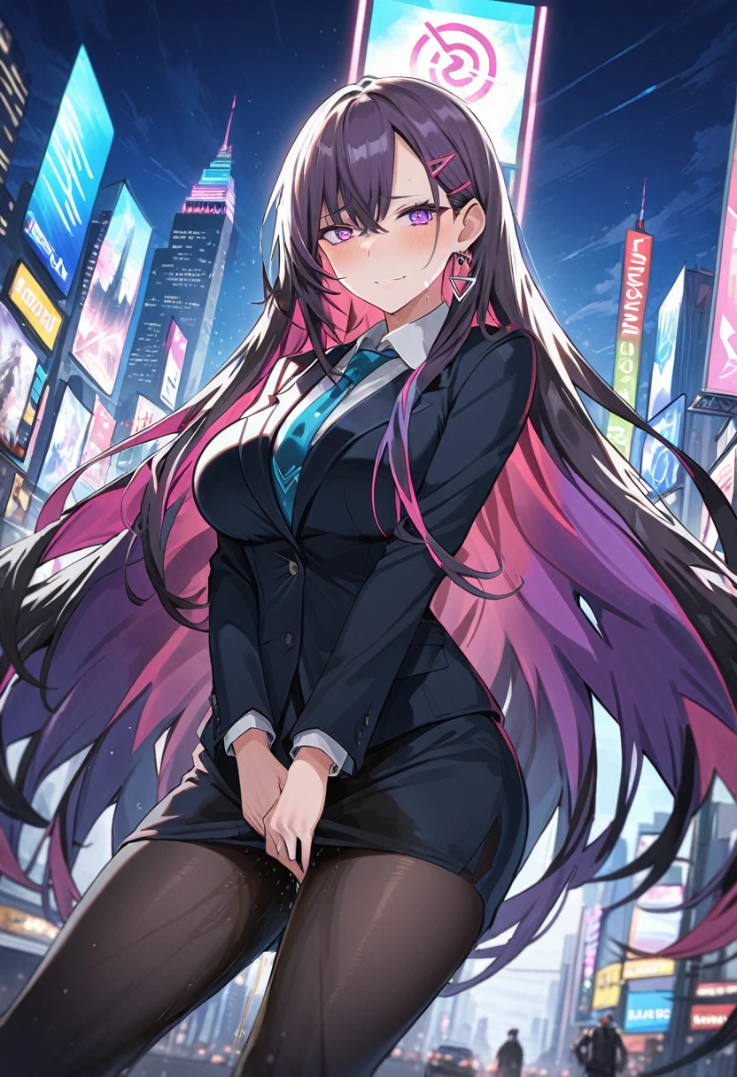 (masterpiece:1.37), best quality, (extremely detailed:1.37), woman, adult, mature, large breasts, (very long hair:1.5), dark purple hair, purple eyes, (extremely detailed eyes:1.37), business suit, necktie, long pencil skirt, pantyhose, (desperation:2.0), (wetting: self 3.0), standing, embarrassed, humiliation, blushing, angry, city, futuristic, neon lighting, high-tech