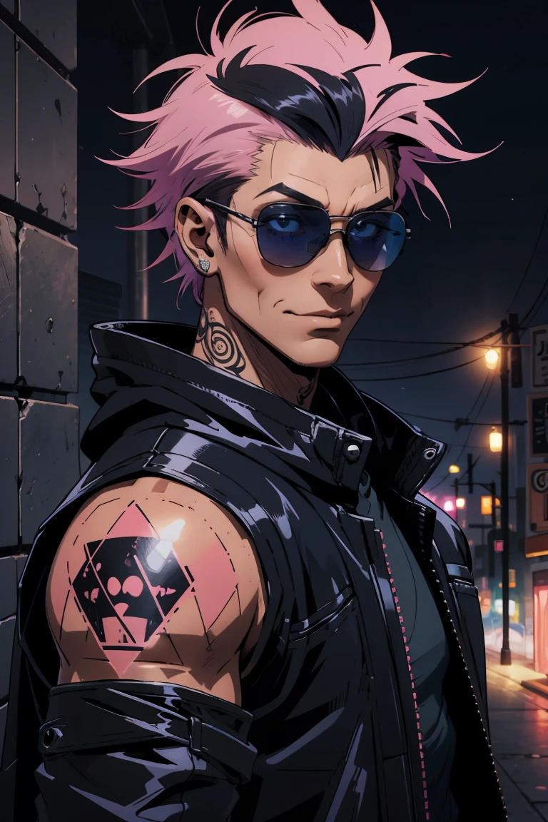 Black young man, strong man, punk clothes, cool sun glasses, punk hair, black hair, pink hair, piercings, tattoo, smile, Night, dark place, black man, dark blue eyes, rockstar