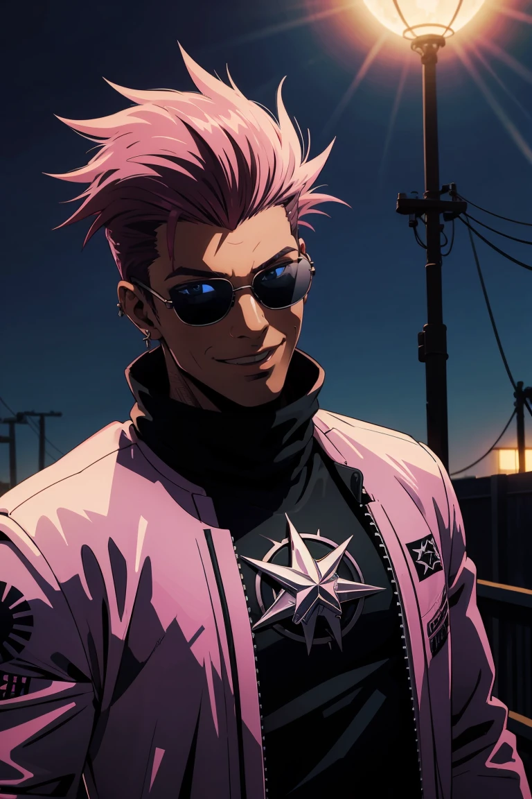 Black young man, strong man, punk clothes, cool sun glasses, punk hair, black hair, pink hair, piercings, tattoo, smile, Night, dark place, black man, dark blue eyes, rockstar