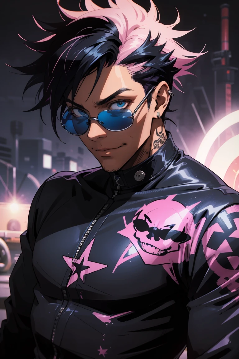 Black young man, strong man, punk clothes, cool sun glasses, punk hair, black hair, pink hair, starched hair, , piercings, tattoo, smile, Night, dark place, black man, dark blue eyes, rockstar