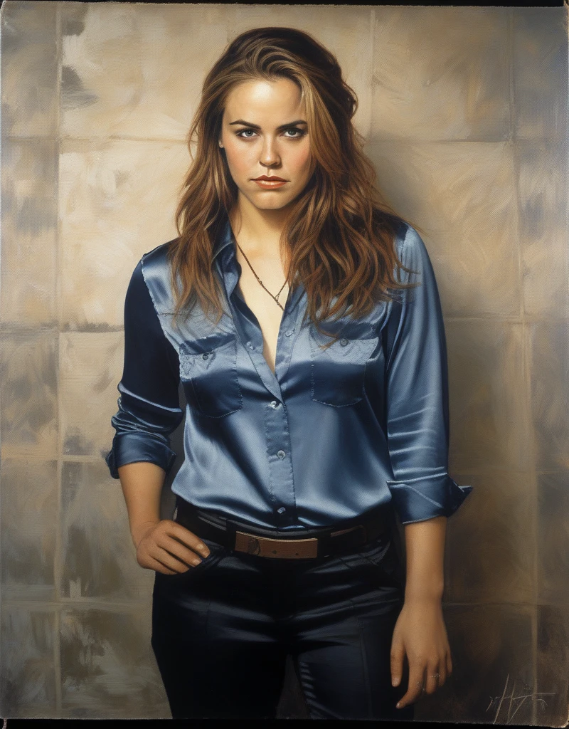 (AliciaSilverstone)  (art by Tim Okamura:1.0) , photograph, Luminous thick Girl, wearing satin shirt, Cel shading, Sad, film grain, film camera, F/14, K