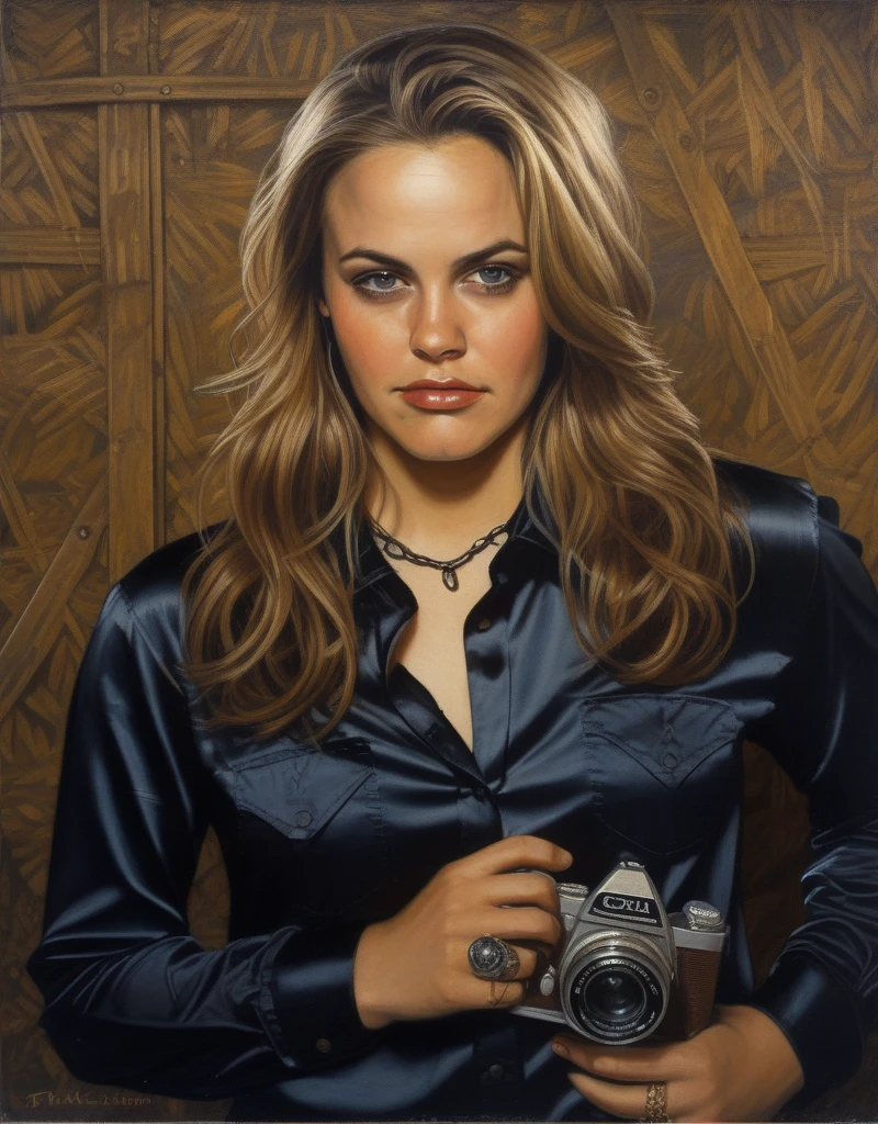 (AliciaSilverstone)  (art by Tim Okamura:1.0) , photograph, Luminous thick Girl, wearing satin shirt, Cel shading, Sad, film grain, film camera, F/14, K