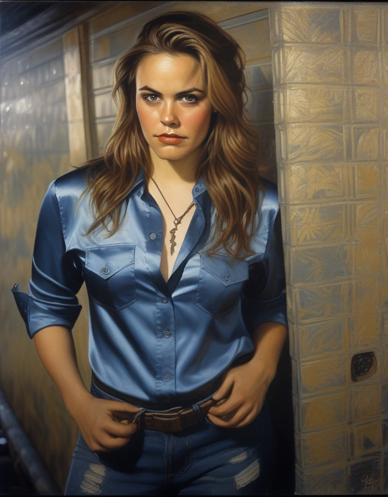 (AliciaSilverstone)  (art by Tim Okamura:1.0) , photograph, Luminous thick Girl, wearing satin shirt, Cel shading, Sad, film grain, film camera, F/14, K