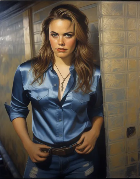 (aliciasilverstone)  (art by tim okamura:1.0) , photograph, luminous thick girl, wearing satin shirt, cel shading, sad, film gra...