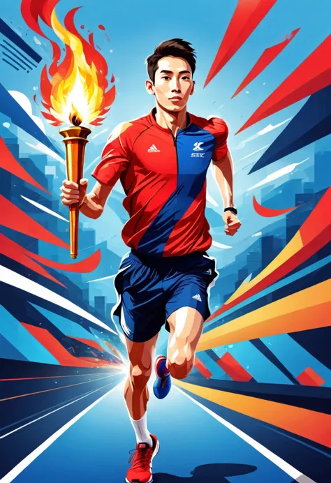 1 person, sock, sports shoes, Red shorts, Blue shirt,holding a torch，Olympic torch,geometry, Art, beautiful, rich and colorful, ...