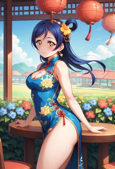 masterpiece, best quality,solo, cowboy shot,sonoda umi love live, chinese dress, cleavage cutout, flowers printed, day,golden ey...