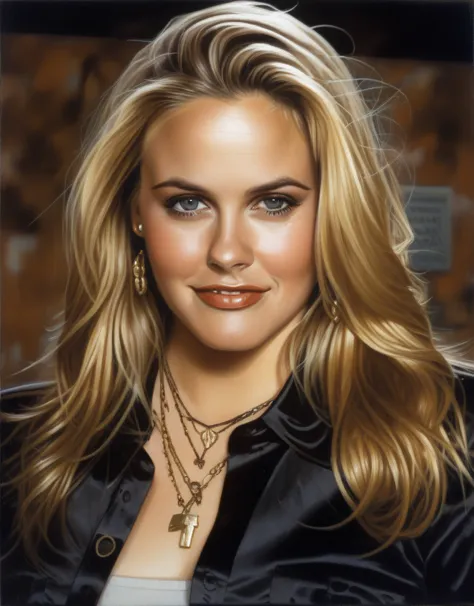 (aliciasilverstone)  blonde hair,(art by tim okamura:1.0) , photograph, luminous thick girl, wearing satin shirt, cel shading,fi...