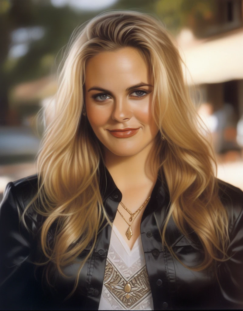 (AliciaSilverstone)  blonde hair,(art by Tim Okamura:1.0) , photograph, Luminous thick Girl, wearing satin shirt, Cel shading,film grain, film camera, F/14, K