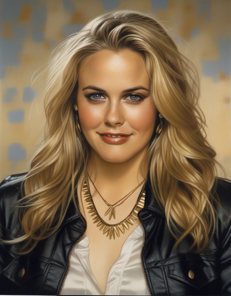 (AliciaSilverstone)  blonde hair,(art by Tim Okamura:1.0) , photograph, Luminous thick Girl, wearing satin shirt, Cel shading,film grain, film camera, F/14, K