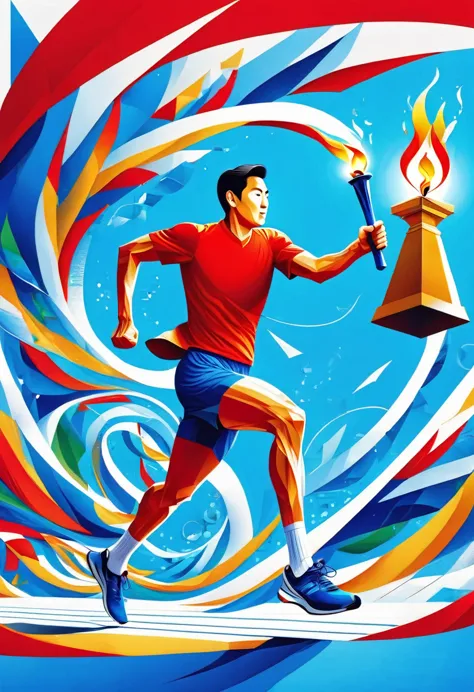 1 person, sock, sports shoes, Red shorts, Blue shirt,holding a torch，Olympic torch,geometry, Art, beautiful, rich and colorful, ...