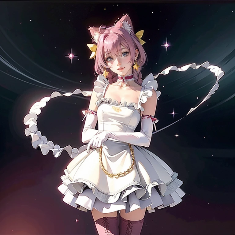 1girl, white maid dress, jewelry, pink hair, flowing hair, medium hair, maid dress with a short skirt and layers, white laces, white boots, white dress with transparency, gold details on her clothes, cat ears, animal ears,  more details, perfectly body, perfectly hands, two hands, two legs, two arms, five fingers, glowing hair, best quality, cat ears, animal ears, tail ornament, tail bow, white gloves, two cat tail, white gloves, alone, maid headdress, choker, detached sleeves, maid dress, maid white dress, masterpiece, best quality, detailed face, night, asymmetrical gloves, bangs, white short skirt , white gloves, white boots, earrings, elbow gloves, fishnet thigh highs, fish masterpiece, solo, best quality, detailed face, gloves, hair between eyes, jewelry, long hair, looking at viewer, single earring, sky, solo, thigh boots, thigh highs, uneven gloves, cat ears, solo, alone, Looking at the viewer, More details on the clothes, magenta roses on her hair, space scenery, maid, maid dress, magenta details, magenta roses, maid headdress, maid apron, wave hair, long hair, seat on the Saturn rings, bats details on her clothes, more details on her clothes, gold details on her clothes, space, smiling, standing her hand to a viewer, looking at the viewer, in the background a several asteroids glowing with fiery auras, Dramatic lighting from distant stars and planets illuminates the scene, looking at the vast and mysterious universe, cowboy shot, upper body portrait, more details, sparkle,