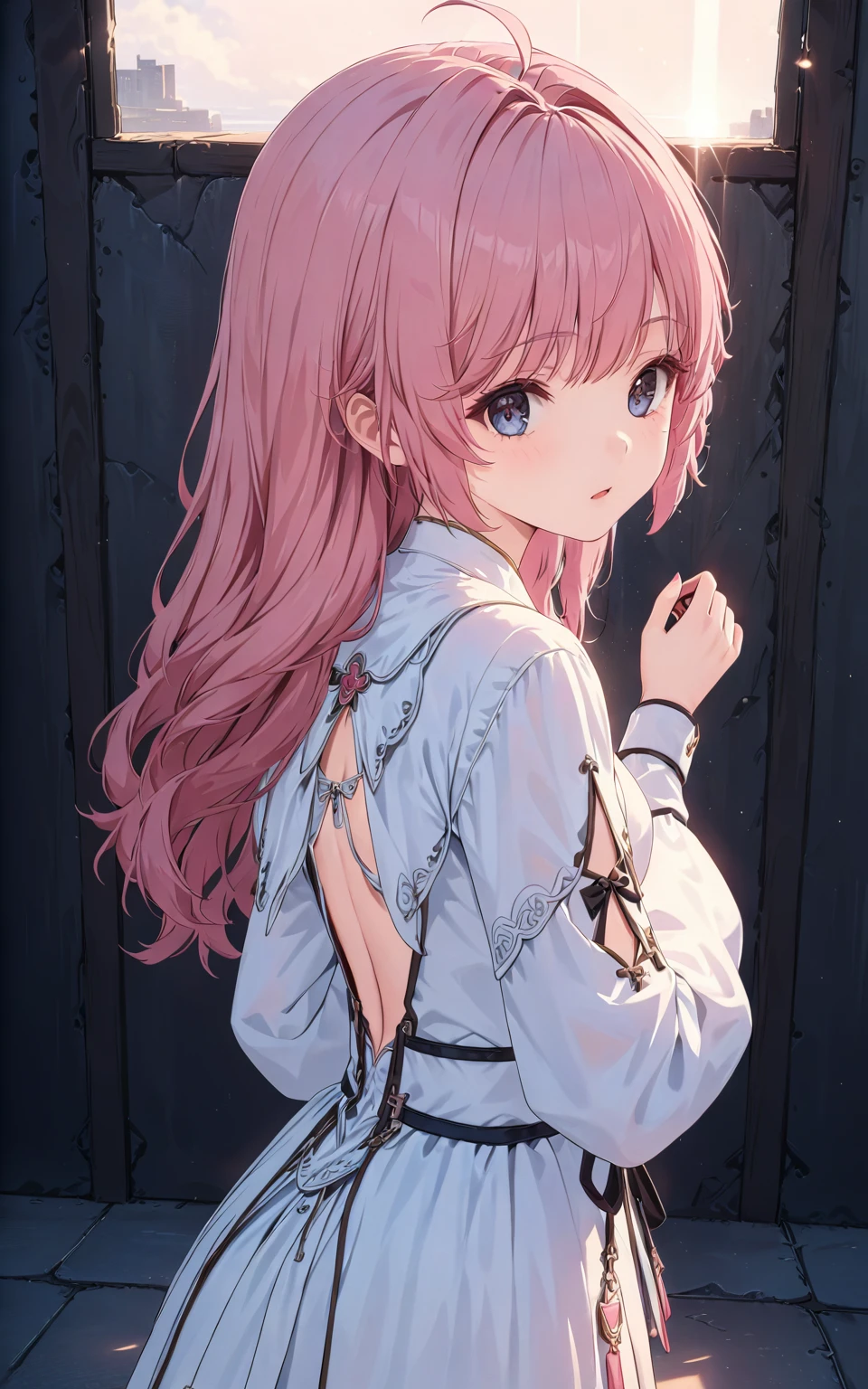 small girl, full length, correct anatomy, beautiful body,  cute, pink hair, many details, super detailed, atmospheric lighting, high quality, HD, realism, 