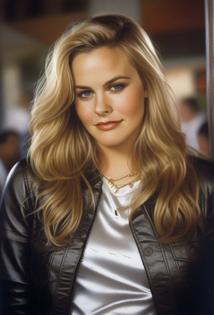 (AliciaSilverstone)  blonde hair,(art by Tim Okamura:1.0) , photograph, Luminous thick Girl, wearing silver satin shirt, Cel shading,film grain, film camera, F/14, K