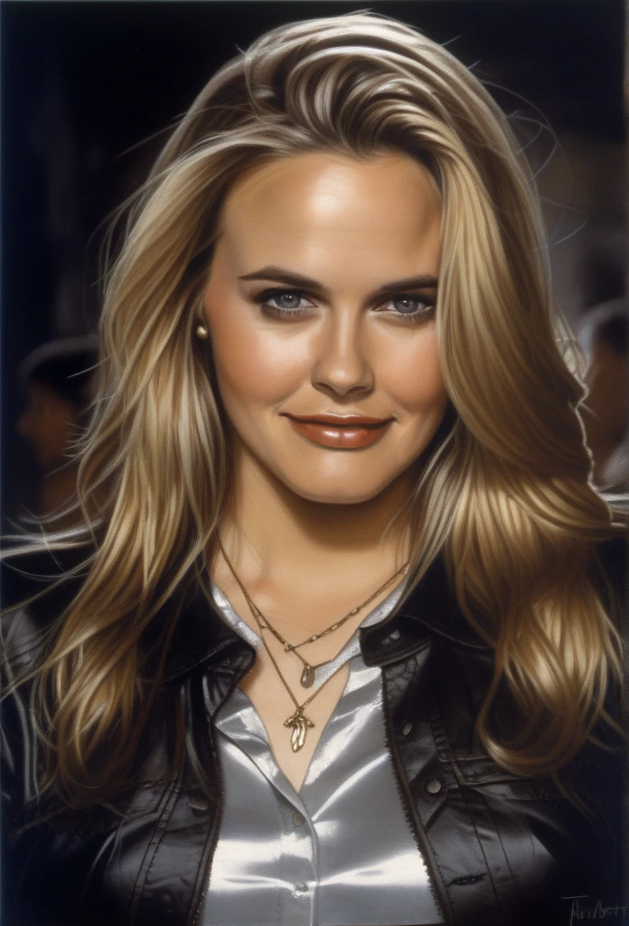 (AliciaSilverstone)  blonde hair,(art by Tim Okamura:1.0) , photograph, Luminous thick Girl, wearing silver satin shirt, Cel shading,film grain, film camera, F/14, K