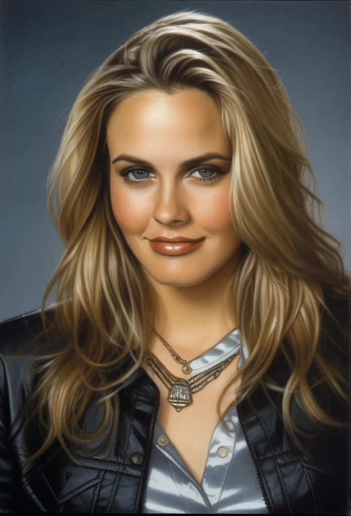 (AliciaSilverstone)  blonde hair,(art by Tim Okamura:1.0) , photograph, Luminous thick Girl, wearing silver satin shirt, Cel shading,film grain, film camera, F/14, K