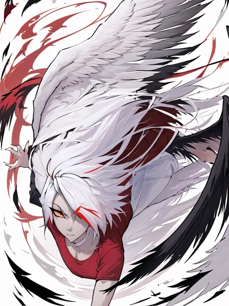 vaggie, beautiful, dynamic wings and landing pose, solo, perfect anatomy, red shirt, black skirt, white hair, looking at viewer,...