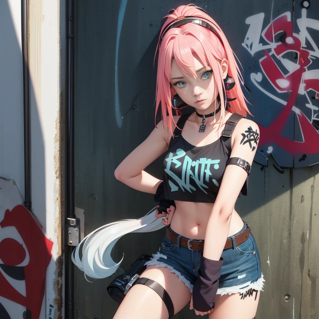 masterpiece, best quality, (extremely detailed CG unity 8k wallpaper, masterpiece, best quality, ultra-detailed, masterpiece, best quality, 1girl, solo, crop top, denim shorts, choker, (graffiti:1.5), paint splatter, arms behind back, against wall, looking at viewer, armband, thigh strap, paint on body, head tilt, bored, multicolored hair, aqua eyes, headset,