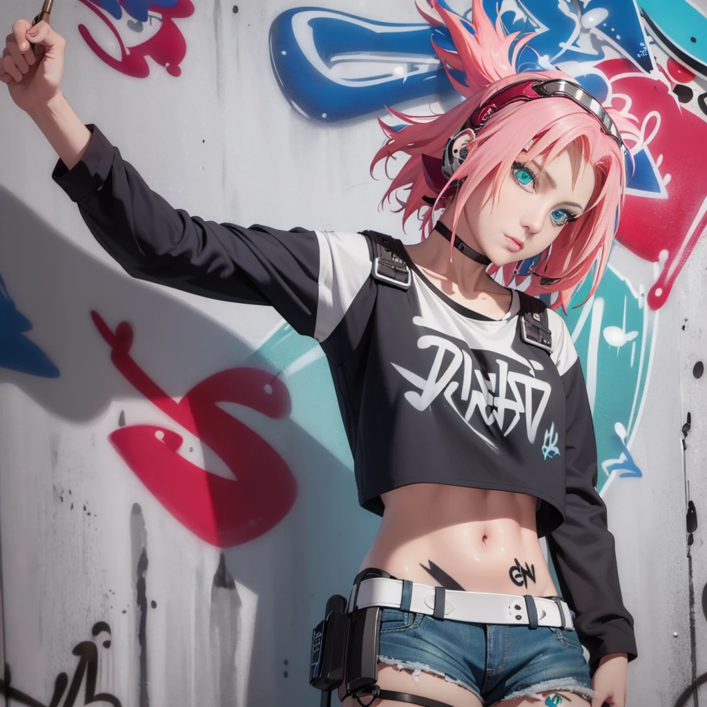 masterpiece, best quality, (extremely detailed CG unity 8k wallpaper, masterpiece, best quality, ultra-detailed, masterpiece, best quality, 1girl, solo, crop top, denim shorts, choker, (graffiti:1.5), paint splatter, arms behind back, against wall, looking at viewer, armband, thigh strap, paint on body, head tilt, bored, multicolored hair, aqua eyes, headset,