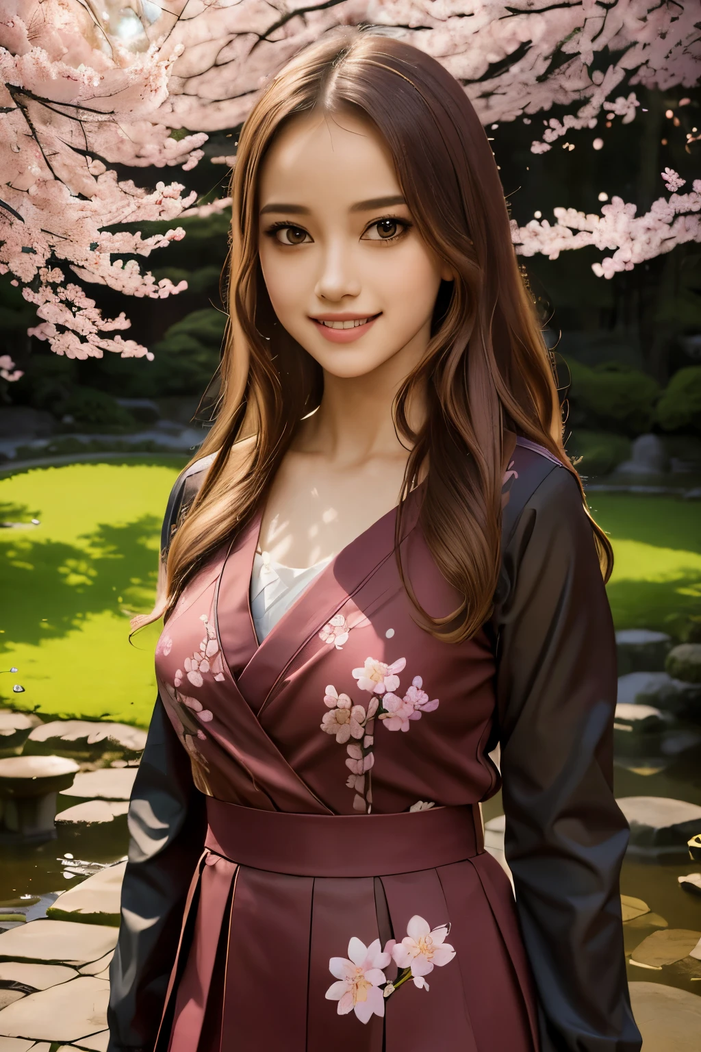 ((Best quality)), ((masterpiece)), ((realistic)), Girl with flawless beauty standing in a serene Japanese garden with cherry blossoms on eye level, scenic, masterpiece, (highres), original, extremely detailed 8K , (photorealistic:1.4),flawless face, perfect eyes,symmetrica body shape,smile, 