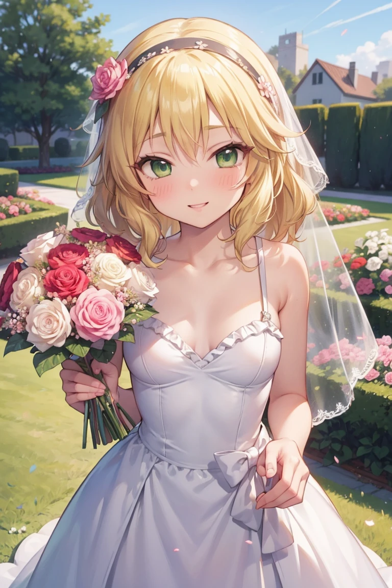 masterpiece,Highest quality, Super detailed,One girl(Sakurai Momoka, Adorable little breasts, Wavy Hair, Blonde, head band, Pink flowers in the hair,Green Eyes), A face in love,  Cute smile, Part your lips, nose blush, blush, In-person audience , View your viewers, Tilt your head, alone,  White Wedding Dress, Frills, Veil,  Grab the bouquet,  in the garden, Are standing, Seduce your sexy waist 