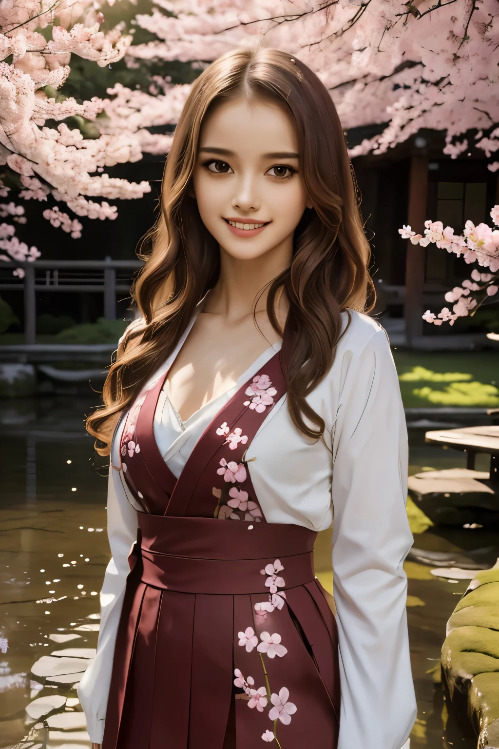 ((Best quality)), ((masterpiece)), ((realistic)), Girl with flawless beauty standing in a serene Japanese garden with cherry blossoms on eye level, scenic, masterpiece, (highres), original, extremely detailed 8K , (photorealistic:1.4),flawless face, perfect eyes,symmetrica body shape,smile, 