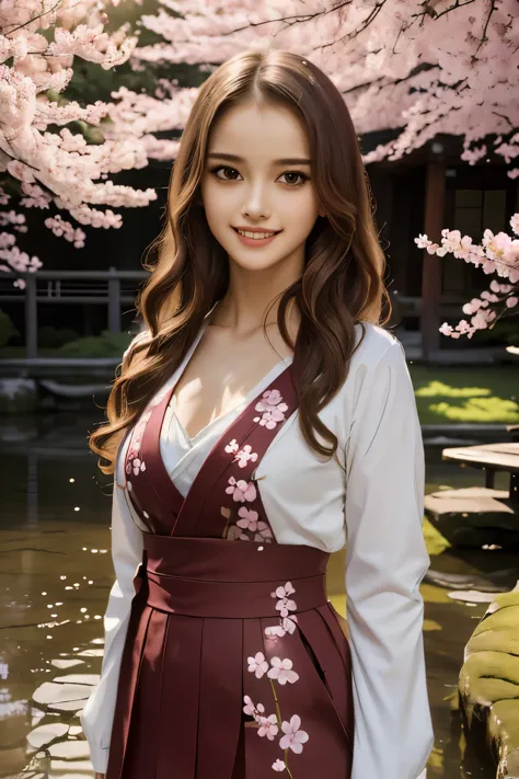 ((Best quality)), ((masterpiece)), ((realistic)), Girl with flawless beauty standing in a serene Japanese garden with cherry blo...