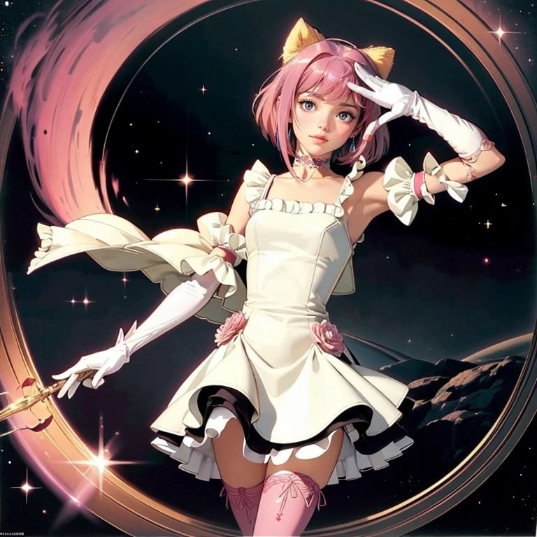 1girl, white maid dress, jewelry, pink hair, flowing hair, short hair, maid dress with a short skirt and layers, white laces, white boots, white dress with transparency, gold details on her clothes, cat ears, animal ears,  more details, perfectly body, perfectly hands, two hands, two legs, two arms, five fingers, glowing hair, best quality, idol, holding a microphone, tail ornament, tail bow, white gloves, two cat tail, white gloves, alone, maid headdress, choker, detached sleeves, maid dress, maid white dress, masterpiece, best quality, detailed face, night, asymmetrical gloves, bangs, white short skirt , white gloves, white boots, earrings, elbow gloves, fishnet thigh highs, fish masterpiece, solo, best quality, detailed face, gloves, hair between eyes, jewelry, long hair, looking at viewer, single earring, sky, solo, thigh boots, thigh highs, uneven gloves, idol, solo, alone, Looking at the viewer, More details on the clothes, magenta roses on her hair, space scenery, maid, maid dress, magenta details, magenta roses, maid headdress, maid apron, wave hair, long hair, seat on the Saturn rings, bats details on her clothes, more details on her clothes, gold details on her clothes, space, smiling, standing her hand to a viewer, looking at the viewer, in the background a several asteroids glowing with fiery auras, Dramatic lighting from distant stars and planets illuminates the scene, looking at the vast and mysterious universe, cowboy shot, upper body portrait, more details, sparkle,