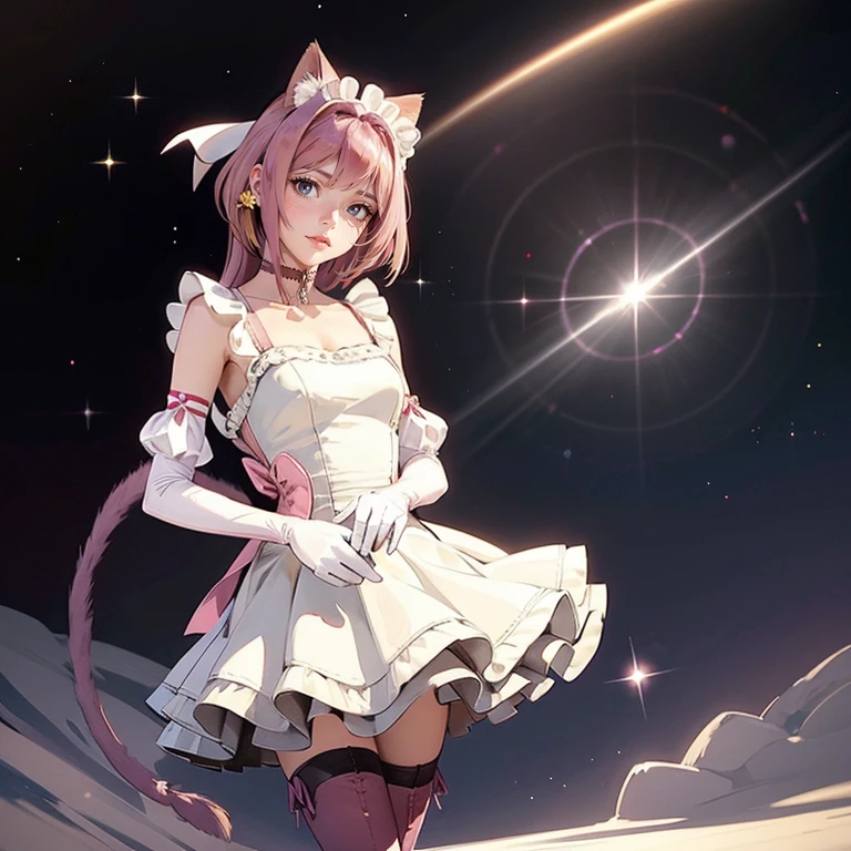 1girl, white maid dress, jewelry, pink hair, flowing hair, short hair, maid dress with a short skirt and layers, white laces, white boots, white dress with transparency, gold details on her clothes, cat ears, animal ears,  more details, perfectly body, perfectly hands, two hands, two legs, two arms, five fingers, glowing hair, best quality, idol, holding a microphone, tail ornament, tail bow, white gloves, two cat tail, white gloves, alone, maid headdress, choker, detached sleeves, maid dress, maid white dress, masterpiece, best quality, detailed face, night, asymmetrical gloves, bangs, white short skirt , white gloves, white boots, earrings, elbow gloves, fishnet thigh highs, fish masterpiece, solo, best quality, detailed face, gloves, hair between eyes, jewelry, long hair, looking at viewer, single earring, sky, solo, thigh boots, thigh highs, uneven gloves, idol, solo, alone, Looking at the viewer, More details on the clothes, magenta roses on her hair, space scenery, maid, maid dress, magenta details, magenta roses, maid headdress, maid apron, wave hair, long hair, seat on the Saturn rings, bats details on her clothes, more details on her clothes, gold details on her clothes, space, smiling, standing her hand to a viewer, looking at the viewer, in the background a several asteroids glowing with fiery auras, Dramatic lighting from distant stars and planets illuminates the scene, looking at the vast and mysterious universe, cowboy shot, upper body portrait, more details, sparkle,