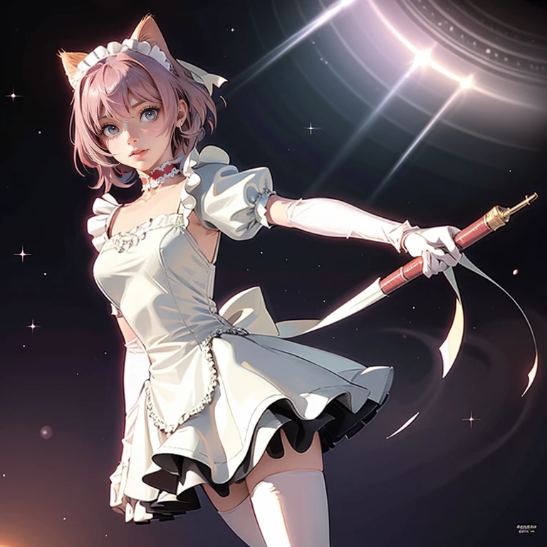 1girl, white maid dress, jewelry, pink hair, flowing hair, short hair, maid dress with a short skirt and layers, white laces, white boots, white dress with transparency, gold details on her clothes, cat ears, animal ears,  more details, perfectly body, perfectly hands, two hands, two legs, two arms, five fingers, glowing hair, best quality, idol, holding a microphone, tail ornament, tail bow, white gloves, two cat tail, white gloves, alone, maid headdress, choker, detached sleeves, maid dress, maid white dress, masterpiece, best quality, detailed face, night, asymmetrical gloves, bangs, white short skirt , white gloves, white boots, earrings, elbow gloves, fishnet thigh highs, fish masterpiece, solo, best quality, detailed face, gloves, hair between eyes, jewelry, long hair, looking at viewer, single earring, sky, solo, thigh boots, thigh highs, uneven gloves, idol, solo, alone, Looking at the viewer, More details on the clothes, magenta roses on her hair, space scenery, maid, maid dress, magenta details, magenta roses, maid headdress, maid apron, wave hair, long hair, seat on the Saturn rings, bats details on her clothes, more details on her clothes, gold details on her clothes, space, smiling, standing her hand to a viewer, looking at the viewer, in the background a several asteroids glowing with fiery auras, Dramatic lighting from distant stars and planets illuminates the scene, looking at the vast and mysterious universe, cowboy shot, upper body portrait, more details, sparkle,