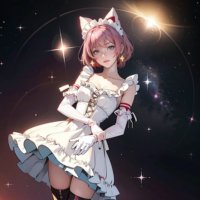 1girl, white maid dress, jewelry, pink hair, flowing hair, short hair, maid dress with a short skirt and layers, white laces, white boots, white dress with transparency, gold details on her clothes, ribbon,  more details, perfectly body, perfectly hands, two hands, two legs, two arms, five fingers, glowing hair, best quality, idol, holding a microphone, tail ornament, tail bow, white gloves, two cat tail, white gloves, alone, maid headdress, choker, detached sleeves, maid dress, maid white dress, masterpiece, best quality, detailed face, night, asymmetrical gloves, bangs, white short skirt , white gloves, white boots, earrings, elbow gloves, fishnet thigh highs, fish masterpiece, solo, best quality, detailed face, gloves, hair between eyes, jewelry, long hair, looking at viewer, single earring, sky, solo, thigh boots, thigh highs, uneven gloves, idol, solo, alone, Looking at the viewer, More details on the clothes, magenta roses on her hair, space scenery, maid, maid dress, magenta details, magenta roses, maid headdress, maid apron, wave hair, long hair, seat on the Saturn rings, bats details on her clothes, more details on her clothes, gold details on her clothes, space, smiling, standing her hand to a viewer, looking at the viewer, in the background a several asteroids glowing with fiery auras, Dramatic lighting from distant stars and planets illuminates the scene, looking at the vast and mysterious universe, cowboy shot, upper body portrait, more details, sparkle,