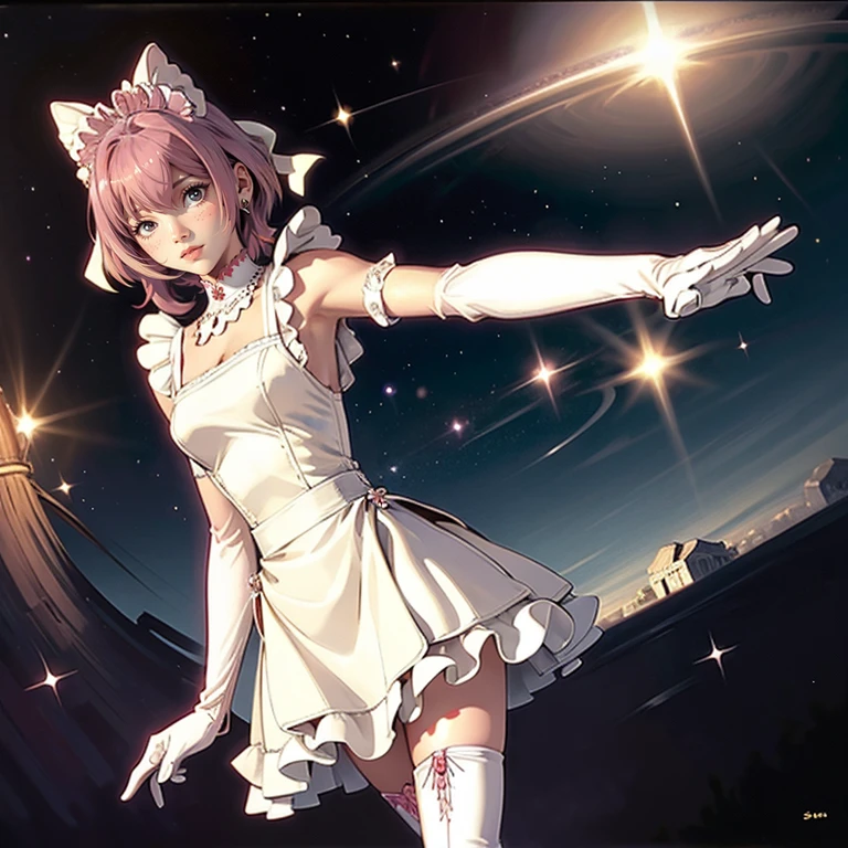 1girl, white maid dress, jewelry, pink hair, flowing hair, short hair, maid dress with a short skirt and layers, white laces, white boots, white dress with transparency, gold details on her clothes, ribbon,  more details, perfectly body, perfectly hands, two hands, two legs, two arms, five fingers, glowing hair, best quality, idol, holding a microphone, tail ornament, tail bow, white gloves, two cat tail, white gloves, alone, maid headdress, choker, detached sleeves, maid dress, maid white dress, masterpiece, best quality, detailed face, night, asymmetrical gloves, bangs, white short skirt , white gloves, white boots, earrings, elbow gloves, fishnet thigh highs, fish masterpiece, solo, best quality, detailed face, gloves, hair between eyes, jewelry, long hair, looking at viewer, single earring, sky, solo, thigh boots, thigh highs, uneven gloves, idol, solo, alone, Looking at the viewer, More details on the clothes, magenta roses on her hair, space scenery, maid, maid dress, magenta details, magenta roses, maid headdress, maid apron, wave hair, long hair, seat on the Saturn rings, bats details on her clothes, more details on her clothes, gold details on her clothes, space, smiling, standing her hand to a viewer, looking at the viewer, in the background a several asteroids glowing with fiery auras, Dramatic lighting from distant stars and planets illuminates the scene, looking at the vast and mysterious universe, cowboy shot, upper body portrait, more details, sparkle,