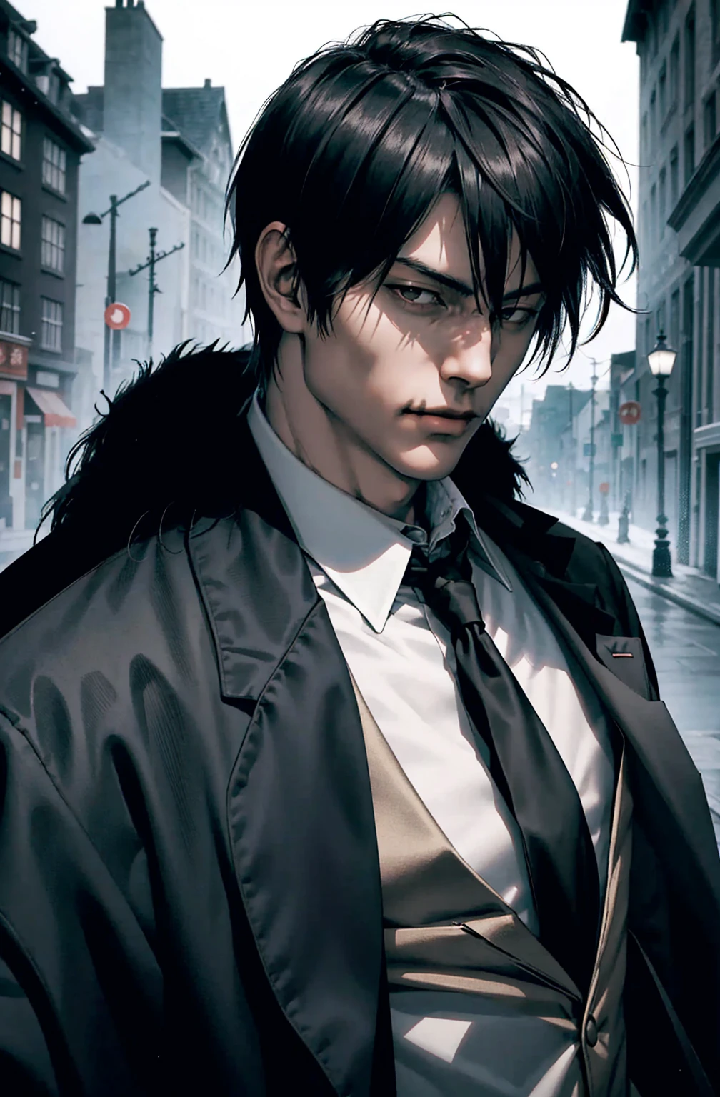 Vampire_gentleman, Alone, portrait,, (majestic, Awesome, exquisite:1.3),toji fushiguro,1 man, toji fushiguro in anime jujutsu kaisen, short hair , black fur, black eyes, elegant, black clothes, realist clothes, clothing detail, city background, ultra detail, realist