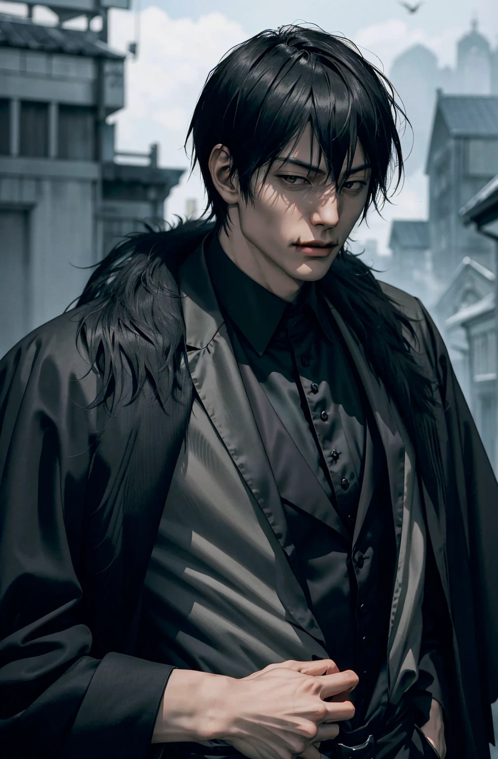 Vampire_gentleman, Alone, portrait,, (majestic, Awesome, exquisite:1.3),toji fushiguro,1 man, toji fushiguro in anime jujutsu kaisen, short hair , black fur, black eyes, elegant, black clothes, realist clothes, clothing detail, city background, ultra detail, realist