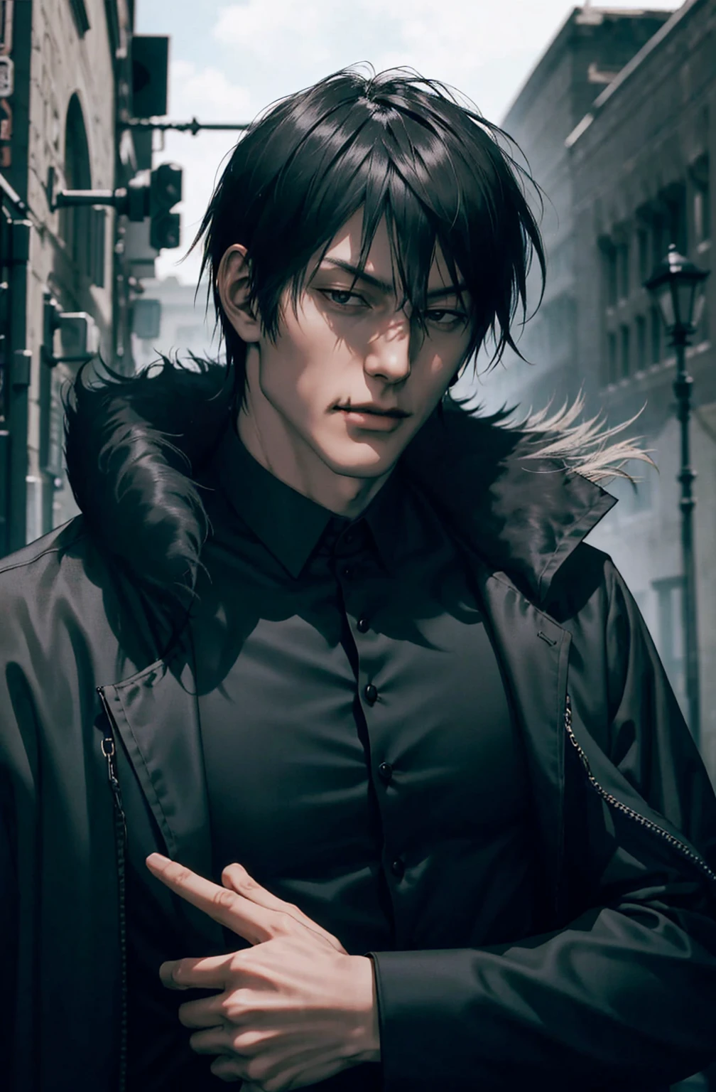 Vampire_gentleman, Alone, portrait,, (majestic, Awesome, exquisite:1.3),toji fushiguro,1 man, toji fushiguro in anime jujutsu kaisen, short hair , black fur, black eyes, elegant, black clothes, realist clothes, clothing detail, city background, ultra detail, realist