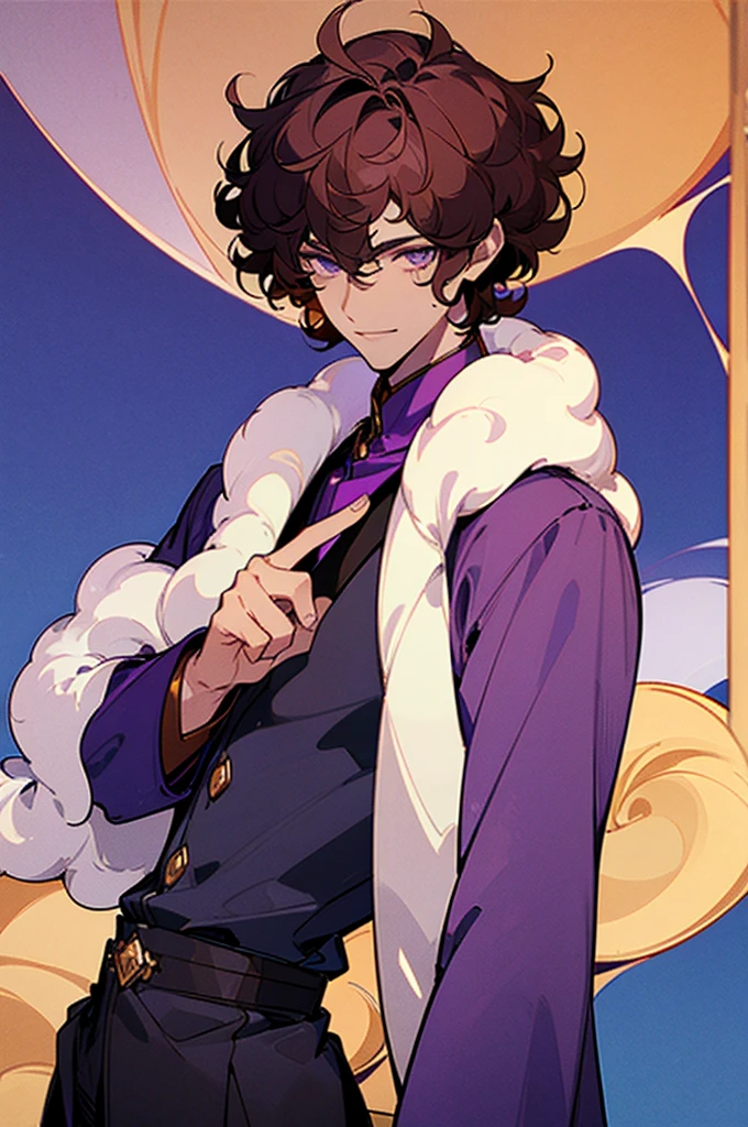 ((masterpiece)), ((one man)), man, late 40s, dark skin, pearl eyes, detailed eyes, velvet hair, short hair, short curly hair, ((curly hair)), curly hair, tall, handsome, mature, purple clothes,