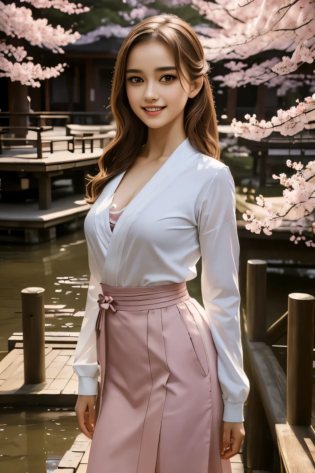 ((Best quality)), ((masterpiece)), ((realistic)), Girl with flawless beauty standing in a serene Japanese garden with cherry blossoms on eye level, scenic, masterpiece, (highres), original, extremely detailed 8K , (photorealistic:1.4),flawless face, perfect eyes,symmetrica body shape,smile, 