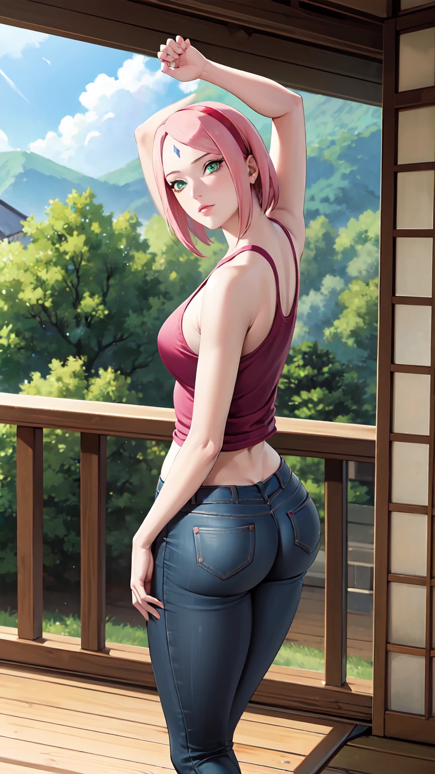 Masterpiece, stunning realistic, best quality, sharpness, 1 girl,sakura haruno,forehead mark,pink hair,green eyes,red hairband,perfect round ass,big ass,ass support,auf einen balkon anlehnen,focus on ass,looking at the viewer,tanktop,skinny jeans,arms behind head