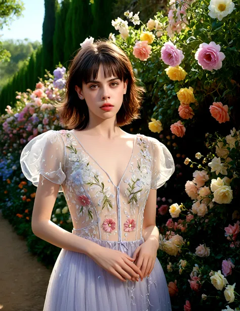 1girl, Fairuza Balk (age 18), stunning detailed eyes, sheer airy gown with  flowe - SeaArt AI