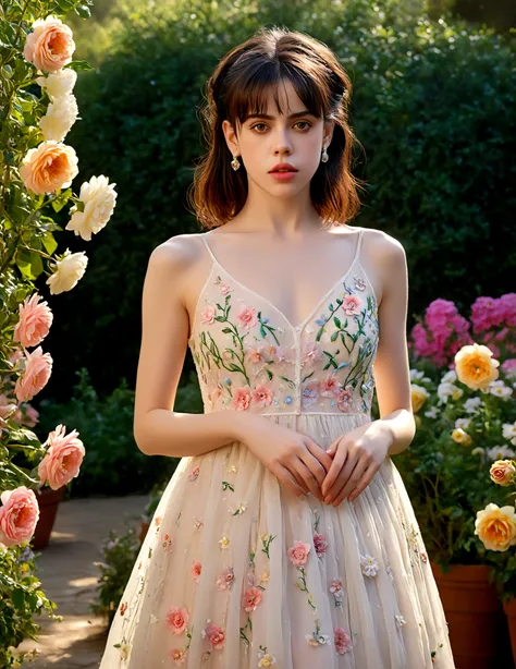 1girl, Fairuza Balk (age 18), stunning detailed eyes, sheer airy gown with  flowe - SeaArt AI